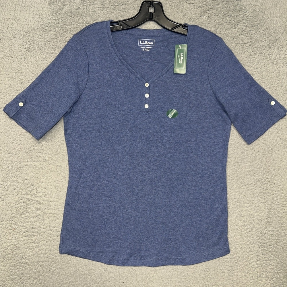 NWT LL Bean T Shirt Women's Sz S Heather Blue Henley Short Sleeve Button Placket